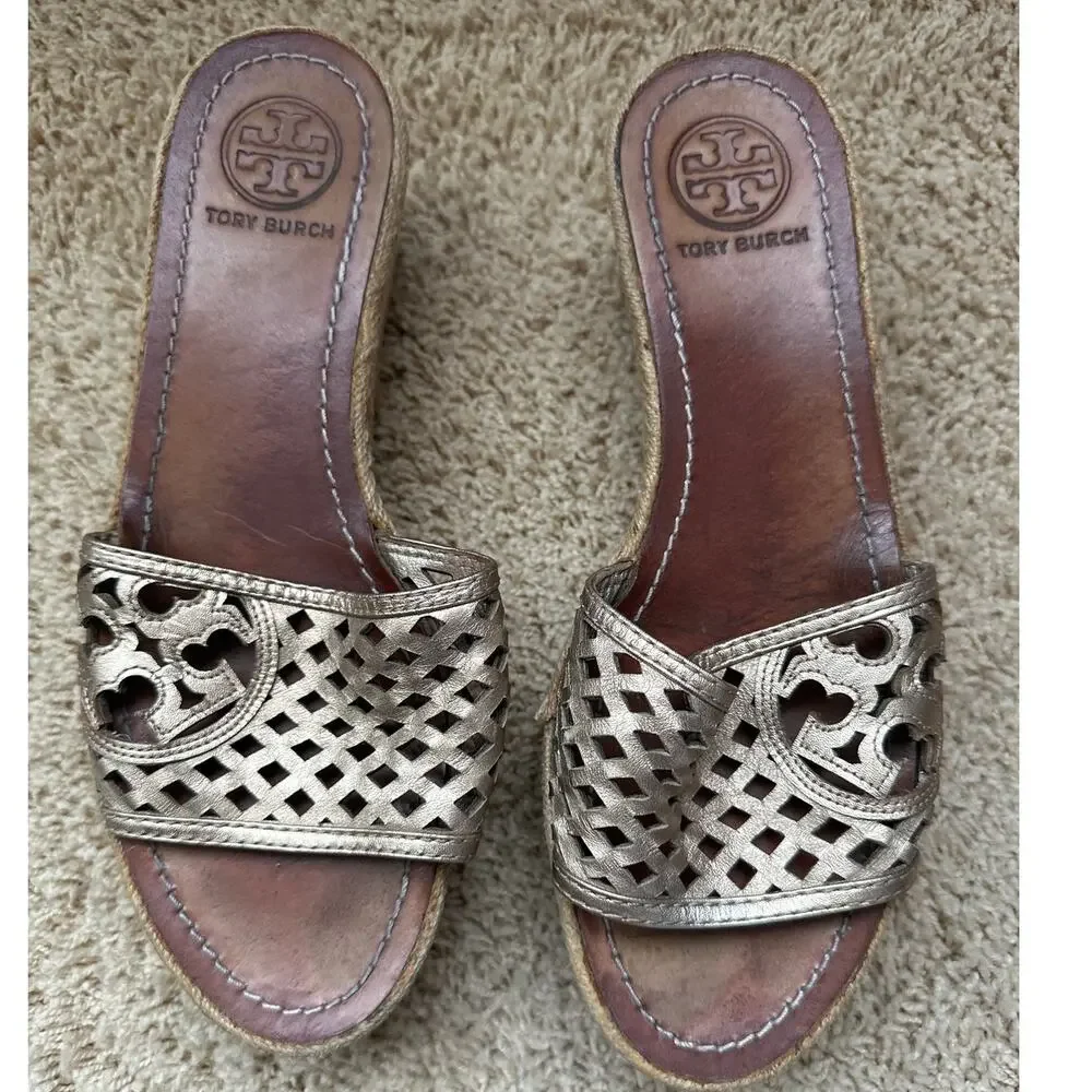 Tory Burch Metallic Gold Leather Espadrille‎ Wedge Sandals Size 8.5
